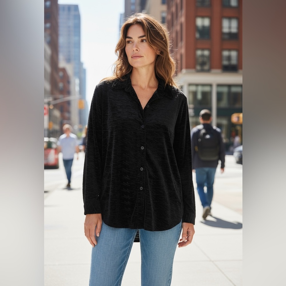 Misook Velour Velvet Burnout Black Button‎ Down Stretchy Top XXL Office Comfy